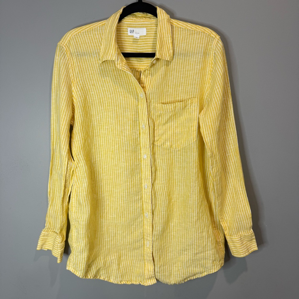 GAP Linen Shirt in Yellow and White Stripes Size Medium‎